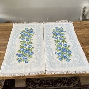 Vintage Cannon Monticello Blue Floral Hand Towels Fringe Edges Set of 2